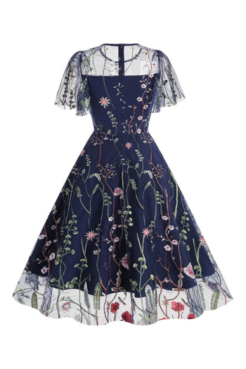 Atomic Navy Blue Floral Mesh Embroidered Dress