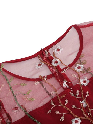 Atomic Burgundy Floral Mesh Embroidered Dress