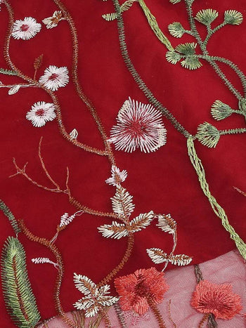 Atomic Burgundy Floral Mesh Embroidered Dress