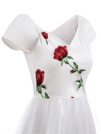 Atomic White Rose Embroidered Vintage Dress