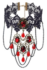 Black Lace And Red Gem Choker Necklace