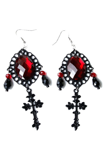 Atomic Gothic Red Gem And Black Cross Earrings