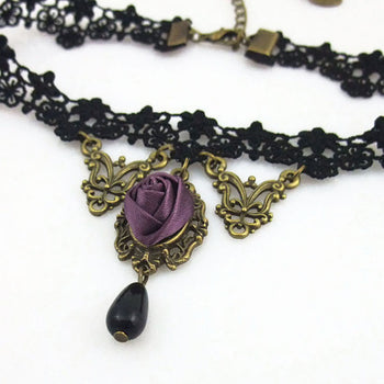 Atomic Black Lace And Purple Rose Choker Necklace