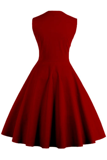 Wine Red and Black Polka Dot Pleated Swing Dress