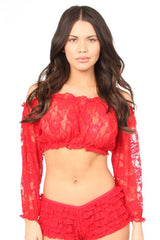 Red Sheer Long Sleeved Lace Peasant Top