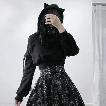 Atomic Black Lace-Up Cat Crop Top Hoodie