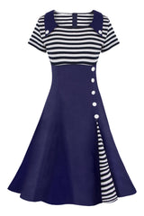 Atomic Blue Buttoned Stripe Vintage Dress
