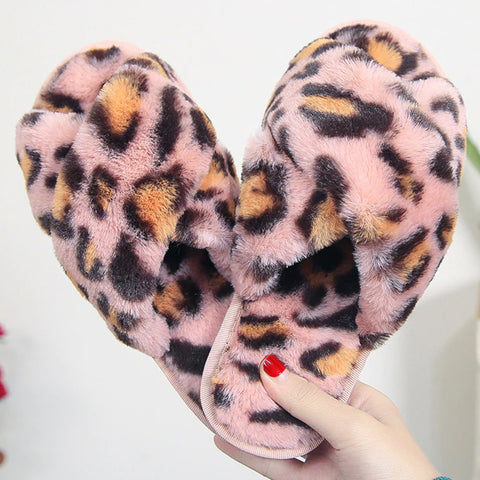 Atomic Pink Leopard Faux Fur Slippers | Pink Animal Print Slippers | Bedroom Slippers