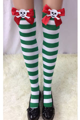 Atomic Red Bowed Skull Green and White Striped Stockings