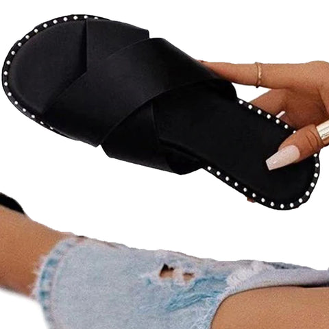 Atomic Rhinestone Edged Black Slippers | Black Slipper Sandals