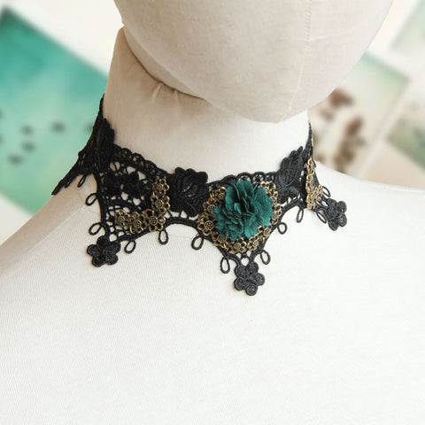 Black Lace And Green Flower Choker Necklace