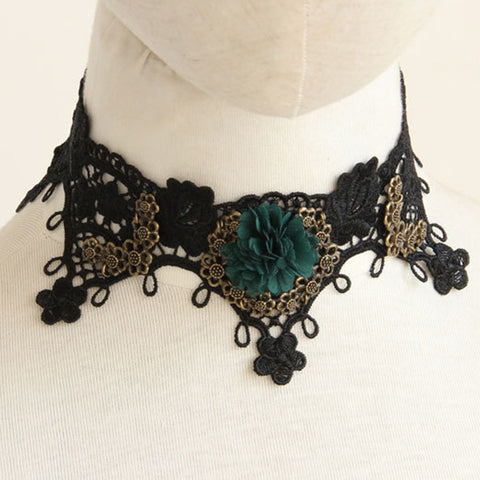 Black Lace And Green Flower Choker Necklace