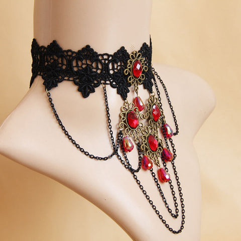 Black Lace And Red Gem Choker Necklace