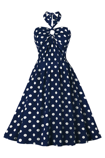 Atomic Blue Polka Dot Halter Summer Swing Dress | Rockabilly Dress Outfit 