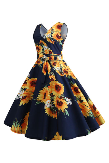 Vintage Sunflower Floral Belted Dress