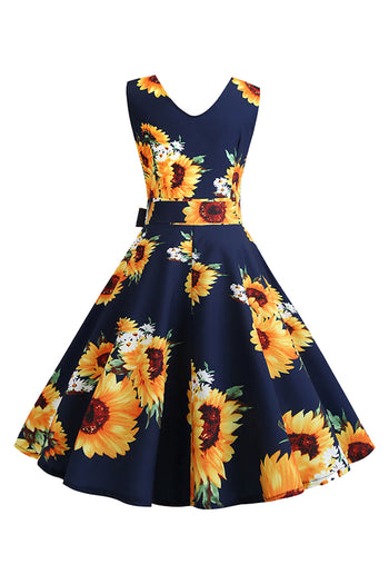 Vintage Sunflower Floral Belted Dress