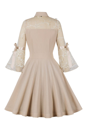 Atomic Apricot Embroidered Bowknot Swing Dress