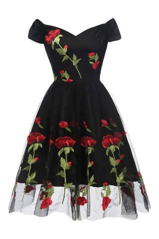 Atomic Black Rose Embroidered Vintage Dress