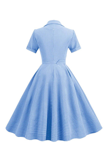 Atomic Blue Notched Collar 1950s Plaid Belted Dress