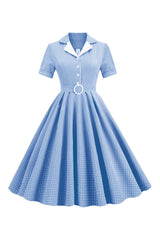 Atomic Blue Notched Collar 1950s Plaid Belted Dress