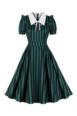 Atomic Green and Black Striped Collar Bow Dress