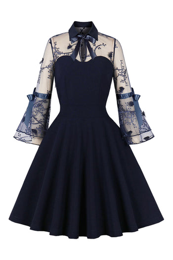 Atomic Navy Blue Embroidered Bowknot Swing Dress