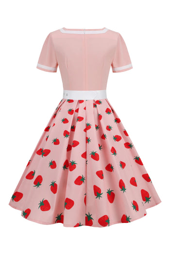 Atomic Pink Strawberry Printed Vintage Dress