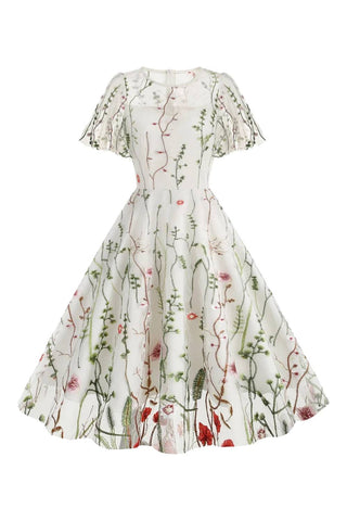 Atomic White Floral Mesh Embroidered Dress