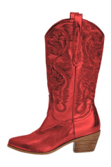 Only Maker Red Embroidered Mid-Calf Western Boots