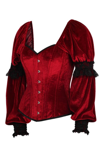 Top Drawer Premium Dark Red Velvet Steel Boned Long Sleeve Corset