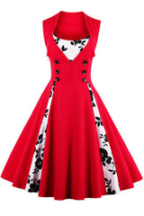 Red Buttoned Floral Cocktail Dress