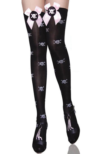Black Skull Thigh High Stockings with Pink Bow