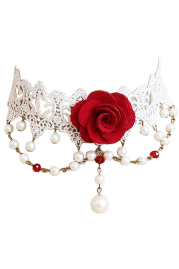 White Lace And Red Rose Choker Necklace
