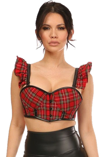 Red Plaid Bustier with Ruffle Sleeves