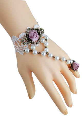 White Lace And Pink Rose Bracelet with Ring