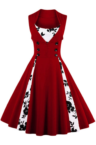 Wine Red Buttoned Floral Cocktail Dress