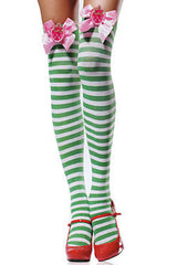 Green Strawberry Stripes Thigh High Stockings