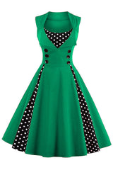Green and Black Polka Dot Pleated Swing Dress
