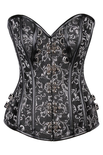 Top Drawer Premium Black and White Floral Brocade & Faux Leather Steel Boned Corset