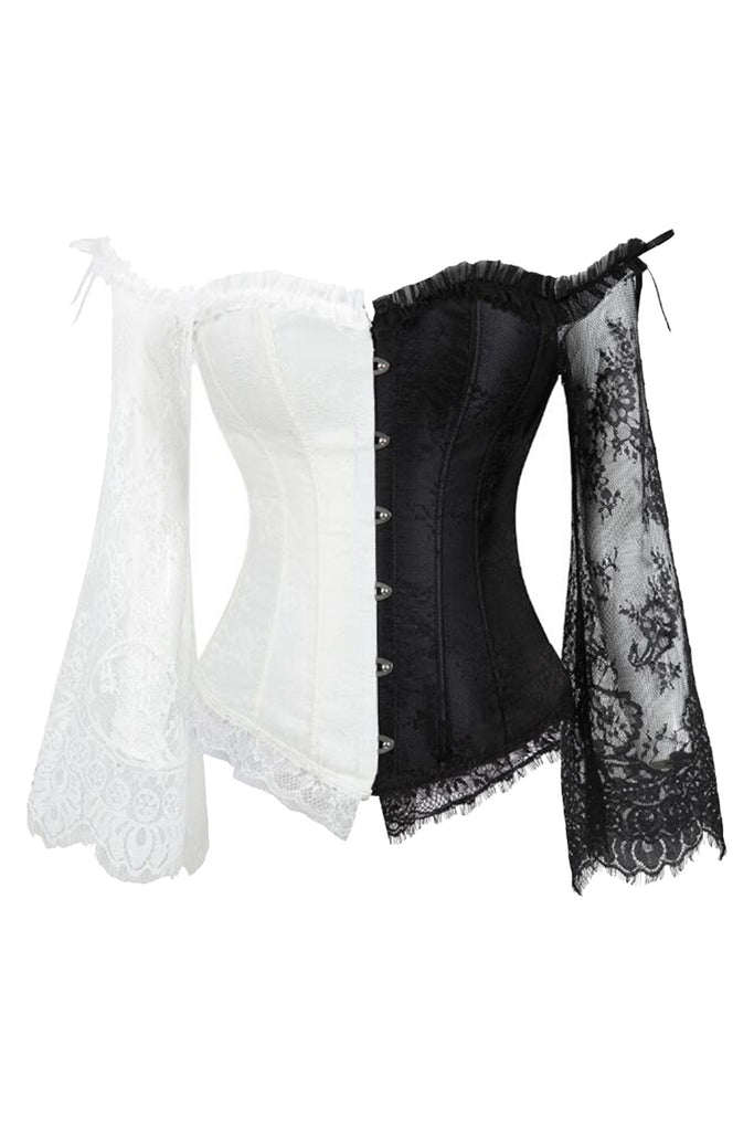 Atomic Black and White Overbust Corset with Floral Lace Sleeves