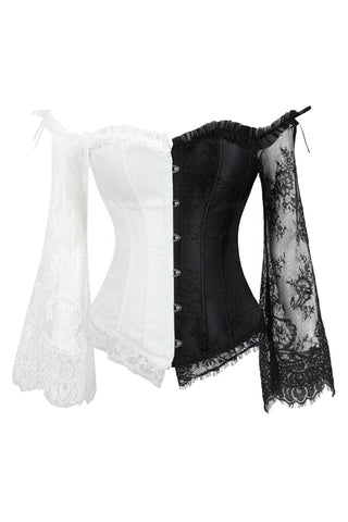 Black and White Overbust Corset with Floral Lace Sleeves