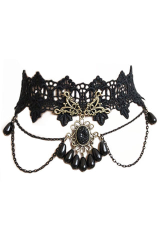 Black Lace And Beads Choker Necklace