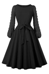 Black Swiss Dot Long Puff Sleeve Midi Dress