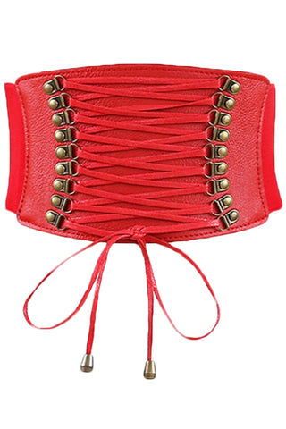 Red Leather Lace Up Cinched Corset Belt