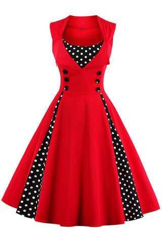 Red and Black Polka Dot Pleated Swing Dress
