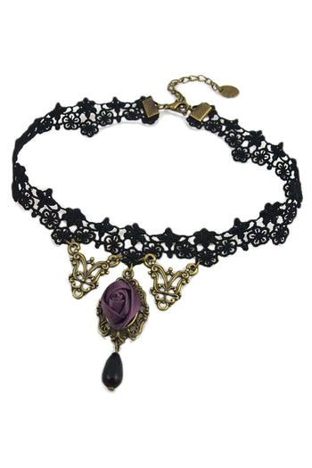 Atomic Black Lace And Purple Rose Choker Necklace