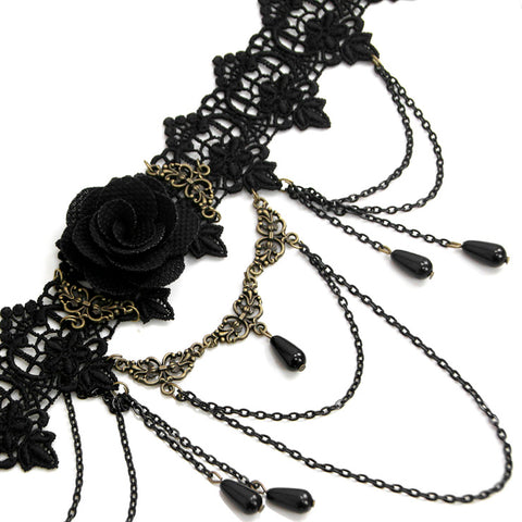Atomic Black Lace And Rose Choker Necklace