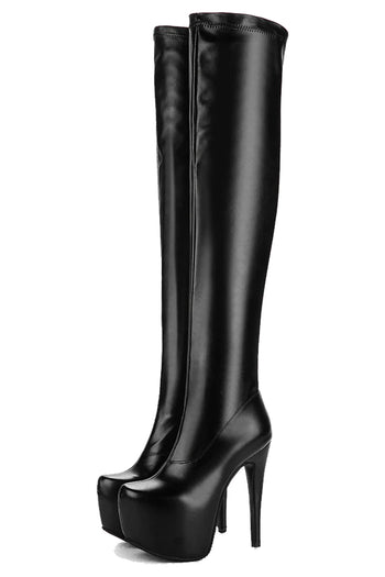 Black PU Thigh High Heeled Boots