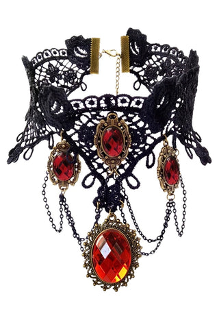 Atomic Black Lace And Red Crystal Gems Choker Necklace