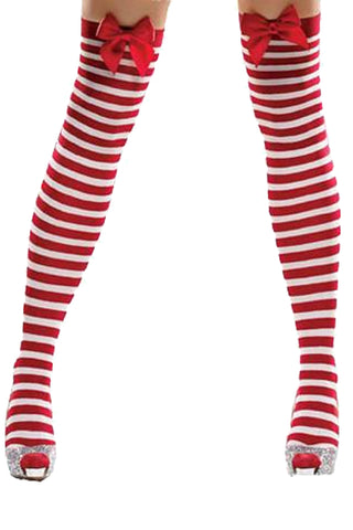 Candy Cane Thigh High Stockings with Red Bow